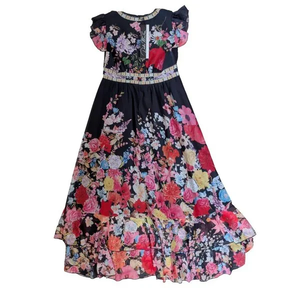 NWT Dalia Macphee Black Floral Plunging Neckline Boho Peasant Maxi Dress Sz L - Picture 5 of 7